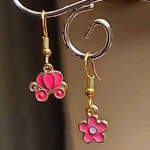 Rose Red series asymmetrical enamel & alloy charm earrings. Pair #5.